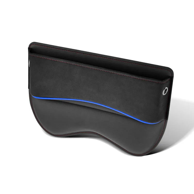 Leather car seat storage box in beige colour on a car seat.