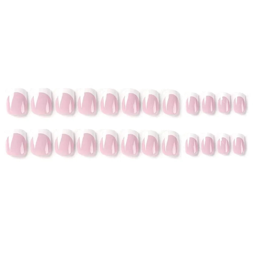 24 white square artificial nails with plaid pattern arranged in box