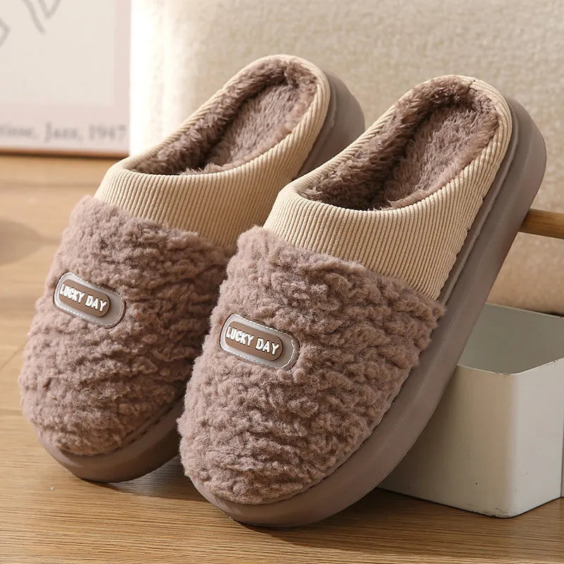 Men's grey and brown plaid winter slippers with rabbit hair uppers and thick soles