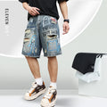 Blue ripped men's denim jeans shorts with graffiti patterns and straight-leg style