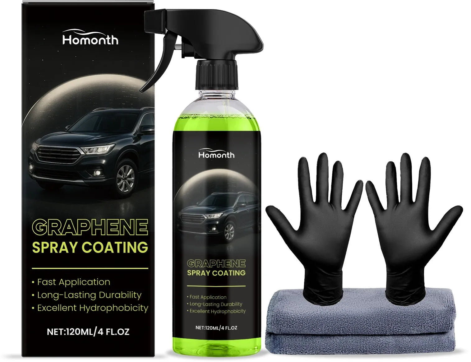 120ml graphene spray coating bottle with gloves and towel alongside fabric protection demonstration