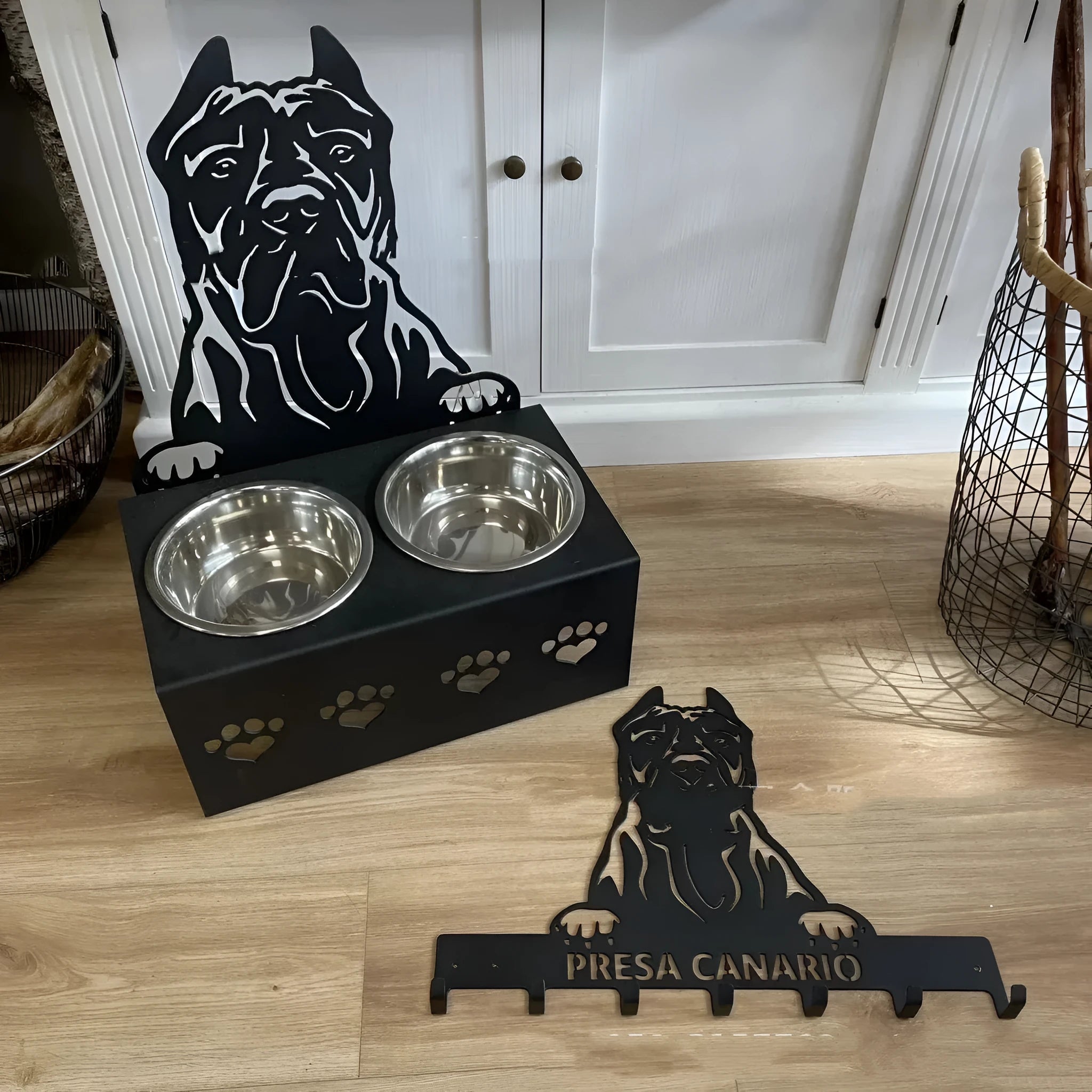 Personalised ceramic dog bowl with stainless steel basin and custom name engraving