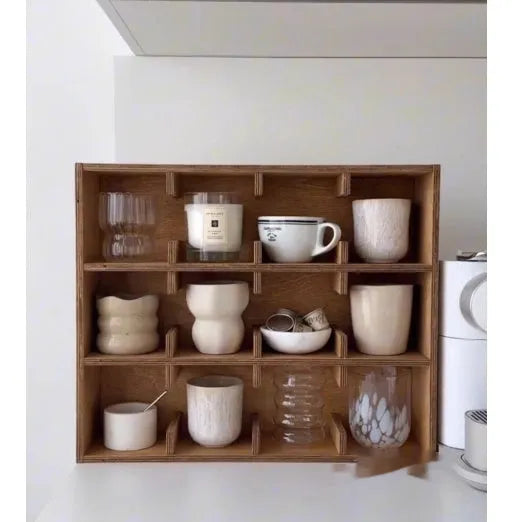 Solid wood square storage rack with multiple grid compartments for cup organisation