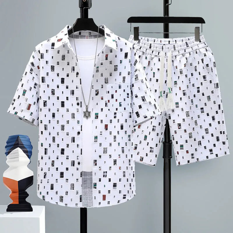 Men's casual polyester shorts two-piece set with short-sleeve top, shown in multiple colours.