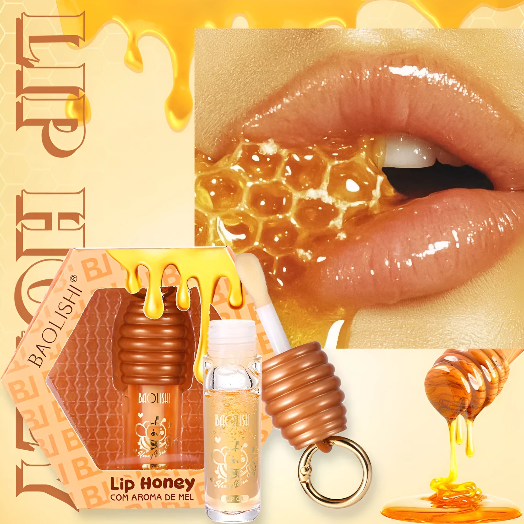 Honey lip gloss with keychain attached, portable for panier bags