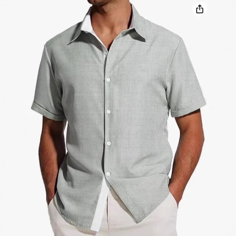 Men's short-sleeved floral print polyester shirt in grey on a hanger.