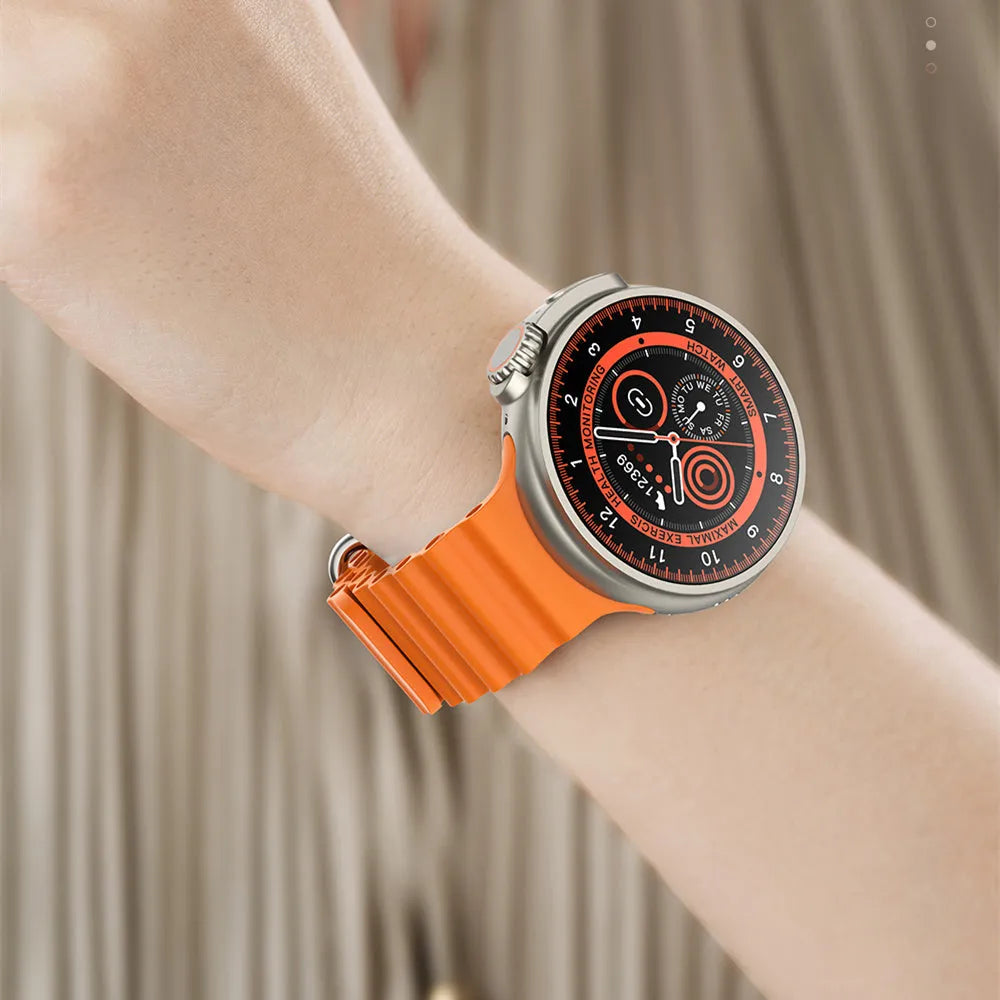 K9 Smart Watch in black with round screen showing health metrics and NFC payment interface