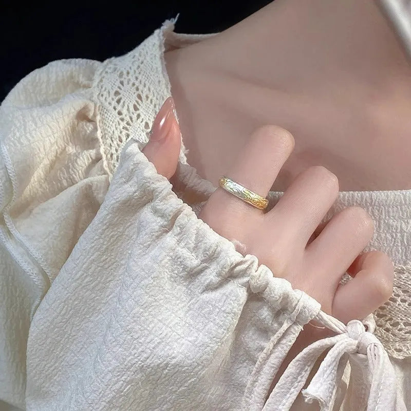 Adjustable open mouth silver gold electroplated ring with Xiangyun cloud pattern on white copper metal