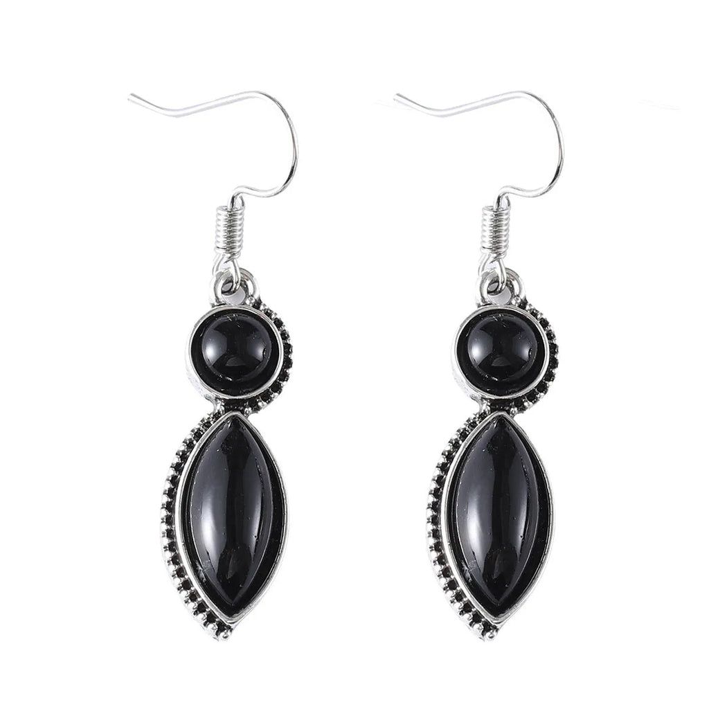 Black and purple geometric pendant earrings with round shapes and electroplated zinc alloy construction