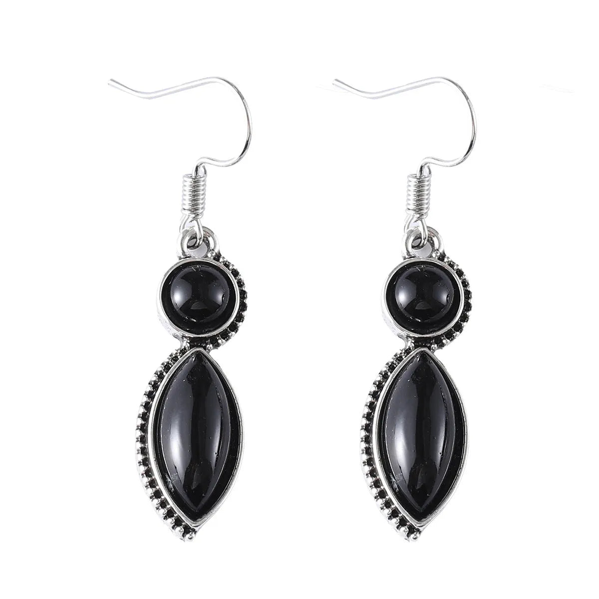 Black and purple geometric pendant earrings with round shapes and electroplated zinc alloy construction
