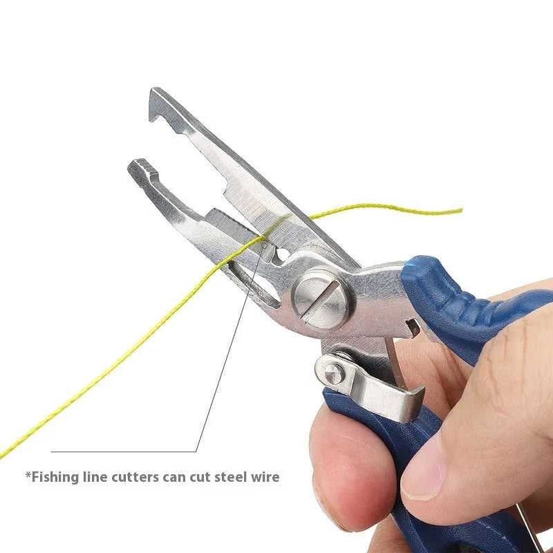 Stainless steel curved mouth lure cable cutters in black with split ring opener function