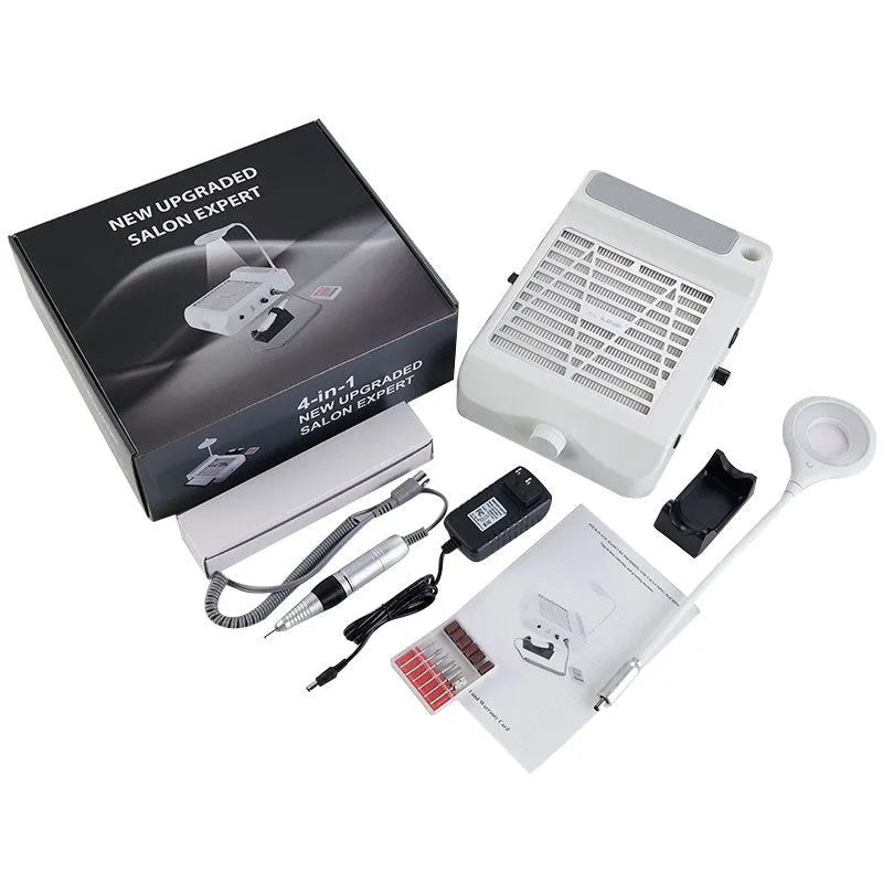 White multifunctional nail polishing machine with vacuum cleaner and four grinding heads