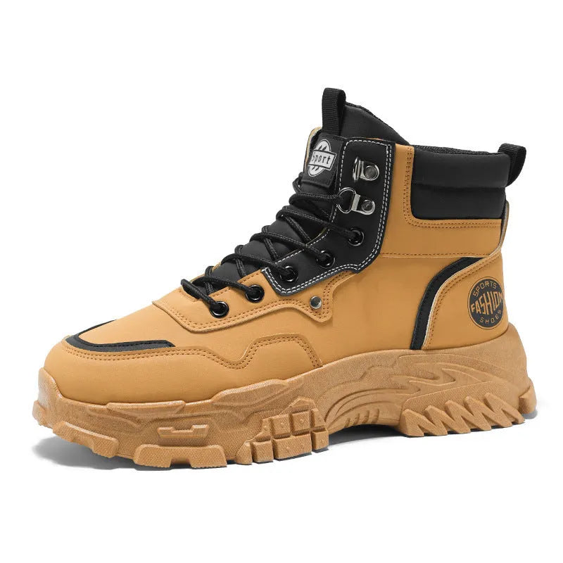 Men's black and yellow artificial PU Martin boots with mid-calf height and injection moulded sole.