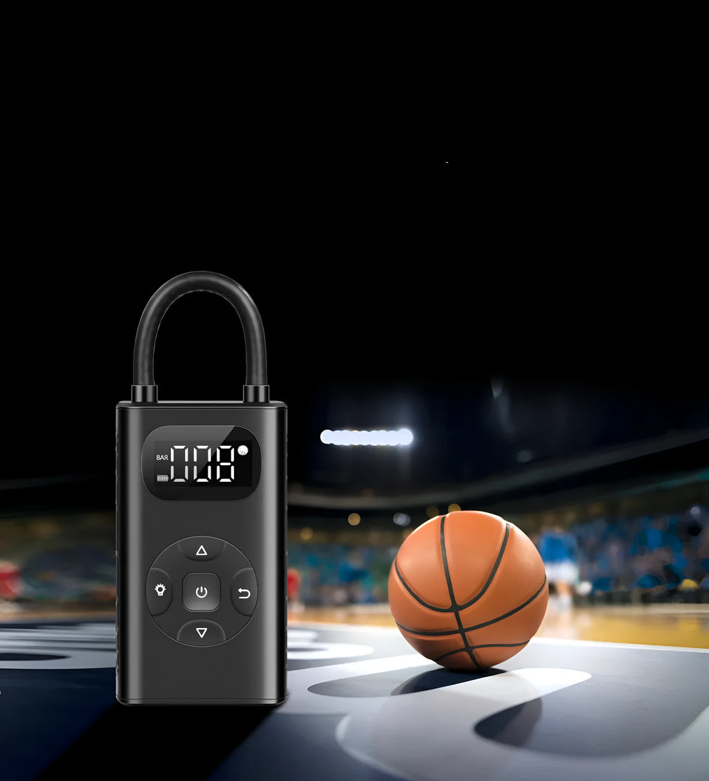Black rectangular aviation alloy portable tyre inflator with USB cable on a grey background.