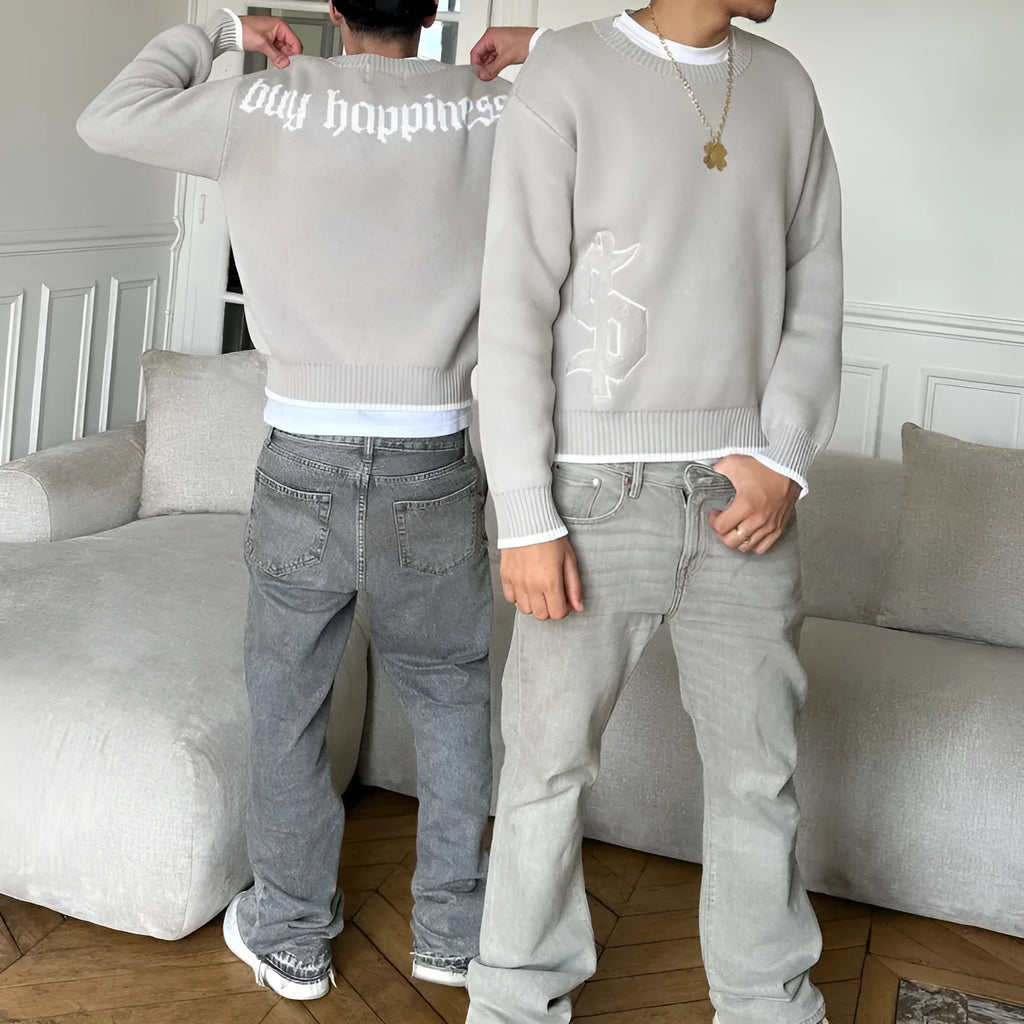 Grey jacquard pattern loose-fitting pullover knitwear coat with long sleeves