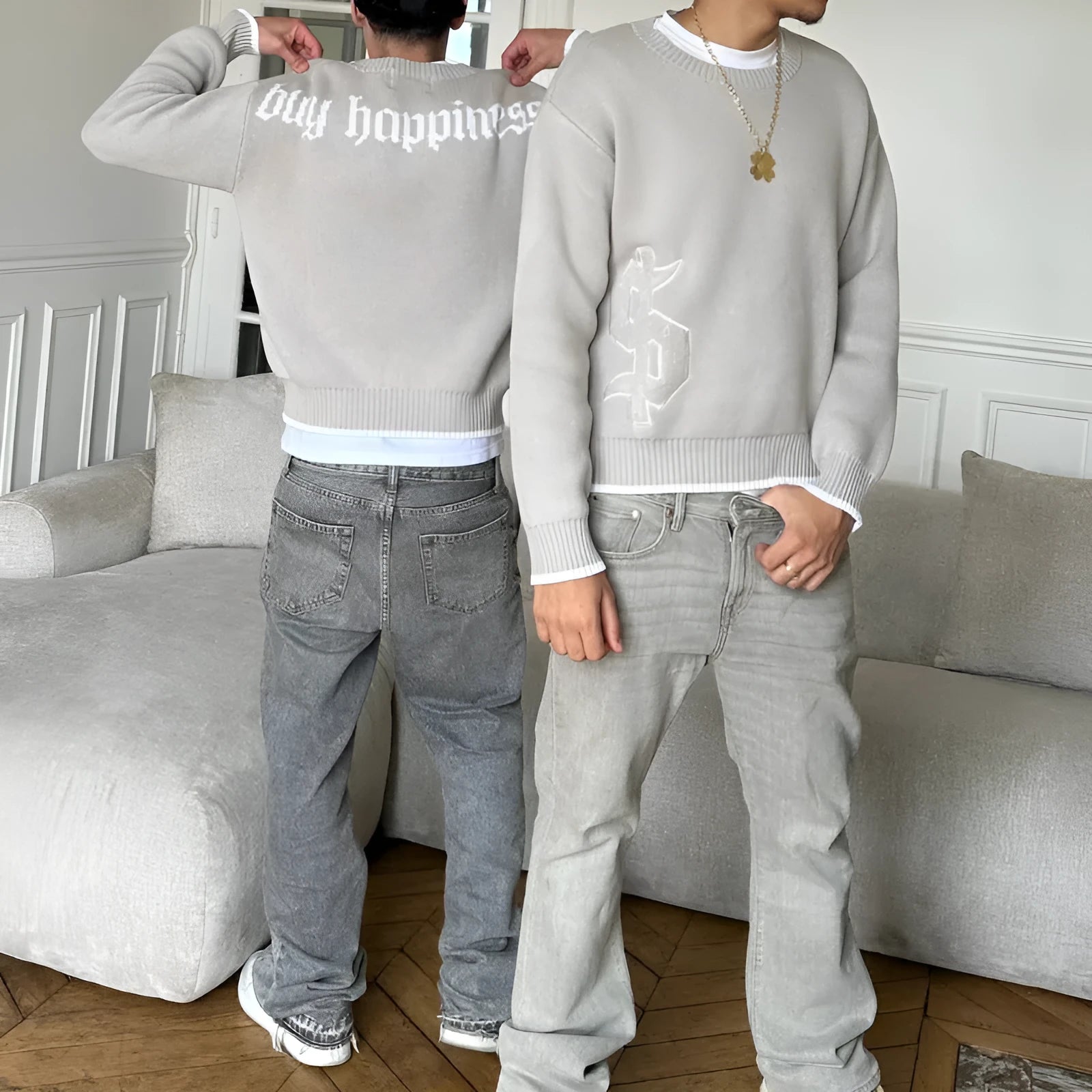 Grey jacquard pattern loose-fitting pullover knitwear coat with long sleeves