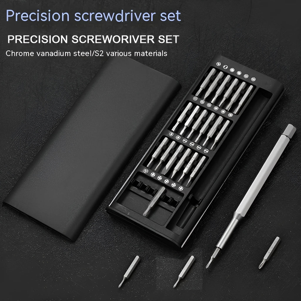 24-in-1 precision magnetic screwdriver set with aluminium handle and organised bit selection