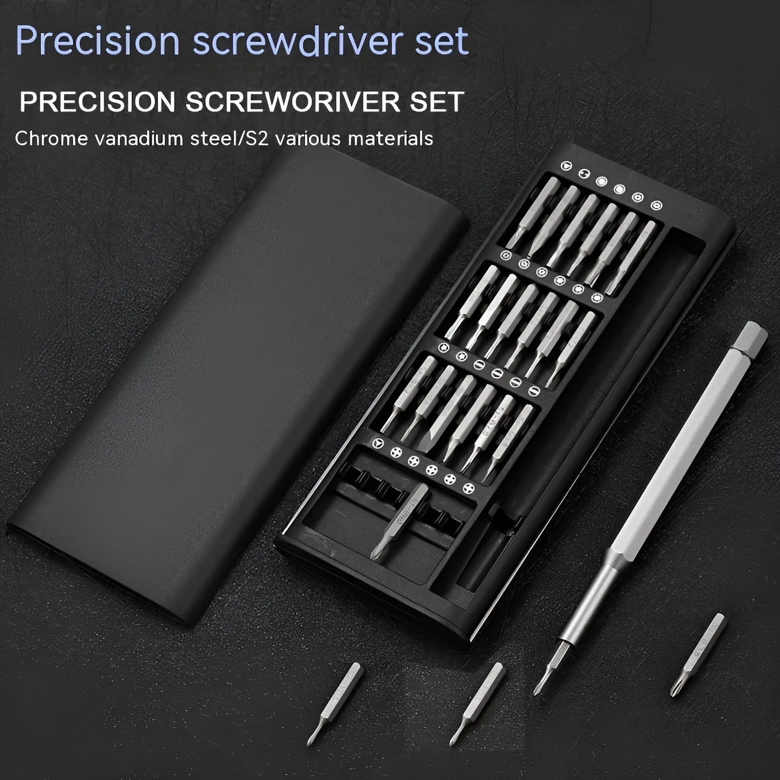 24-in-1 precision magnetic screwdriver set with aluminium handle and organised bit selection