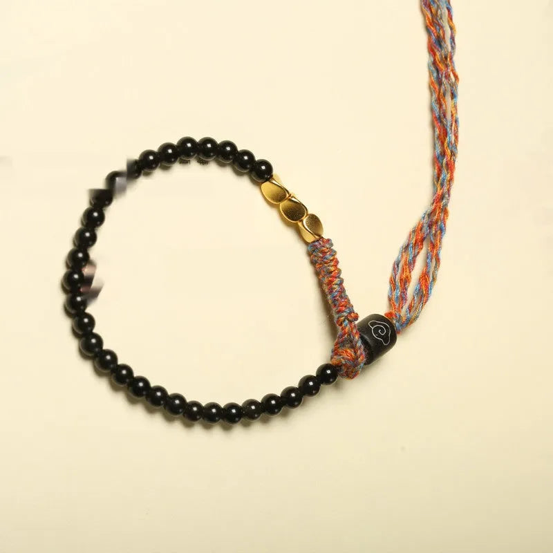 Hand-woven obsidian bracelet with 4mm width and 15.5-16cm adjustable length