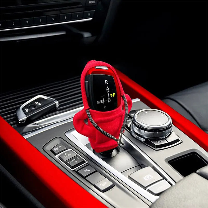 Universal pure cotton gear knob cover in hoodie style with adjustable cord in black colour
