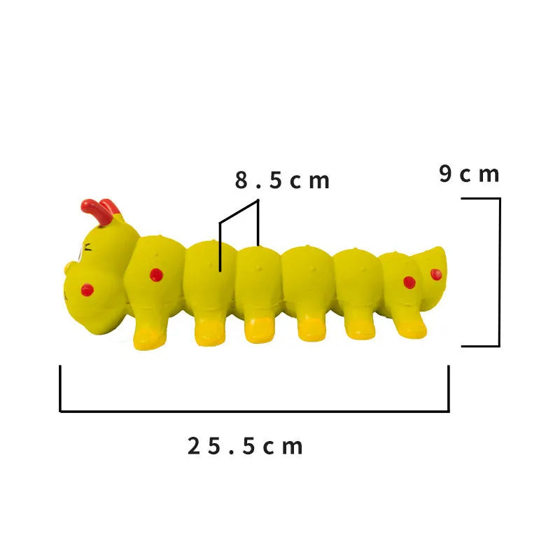 Yellow rubber caterpillar-shaped dog toy with squeaker for small medium breeds