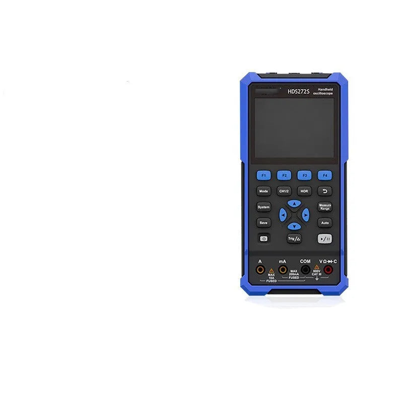 Owon HDS272 handheld digital oscilloscope with probe and accessories on workbench