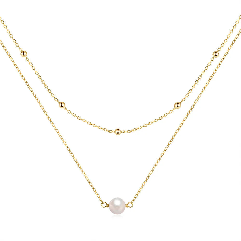 S925 sterling silver necklace with double layer twin pearl pendant on ball bead chain