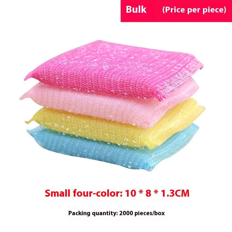 Macaron coloured pinstripe fabric dishwashing sponge mop with plastic handle on a kitchen surface.