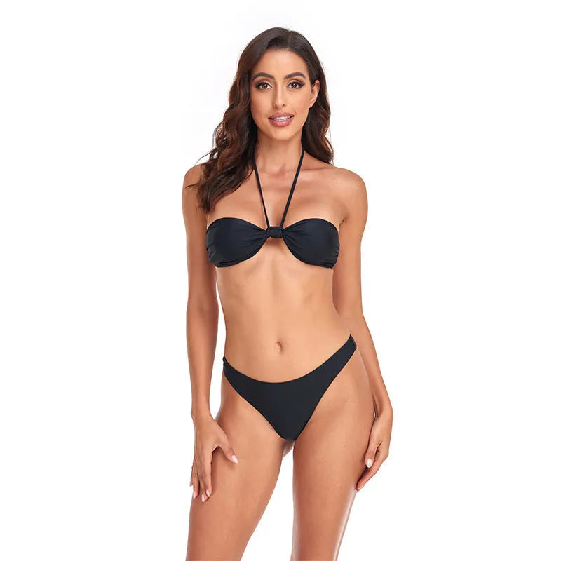 Black polyester women's bikini set with lace-up tube top and matching briefs