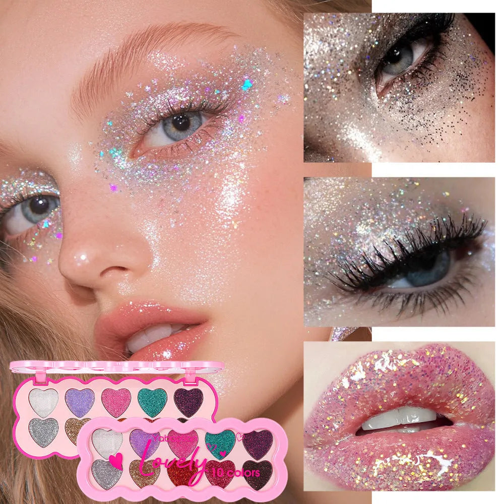Pearlescent heart shaped ten colour eye shadow palette with sequin finishes for multiple makeup styles