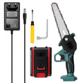 Black mini electric chainsaw with 4 inch guide plate held in one hand