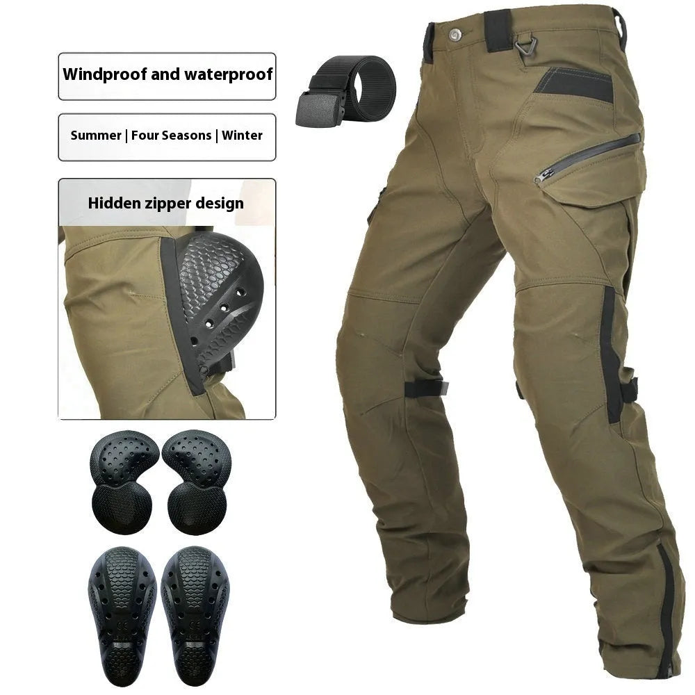 Motorcycle waterproof cycling trousers with protective gear and belt in black or green colour options