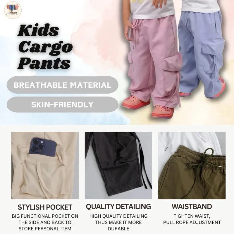 Unisex children cargo pants in solid colour with multiple pockets, suitable for heights 80-150 cm