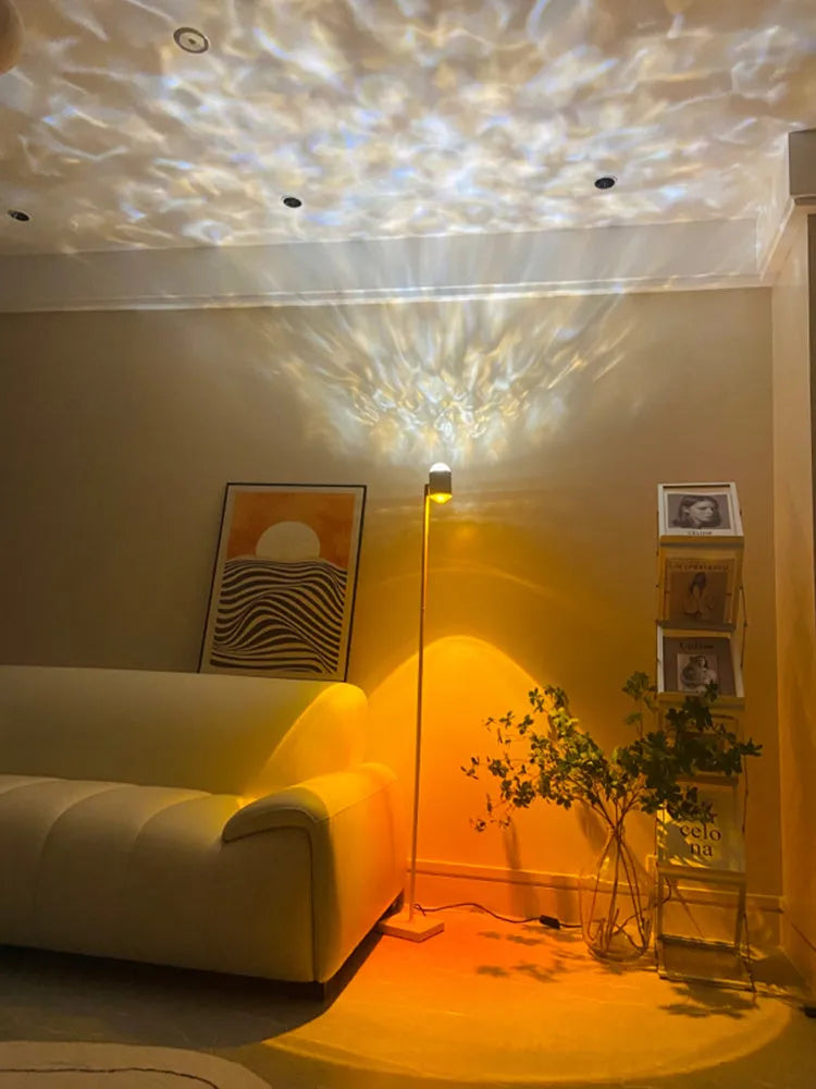 Modern minimalist water wave projection floor lamp with sunset red colour and PMMA lampshade