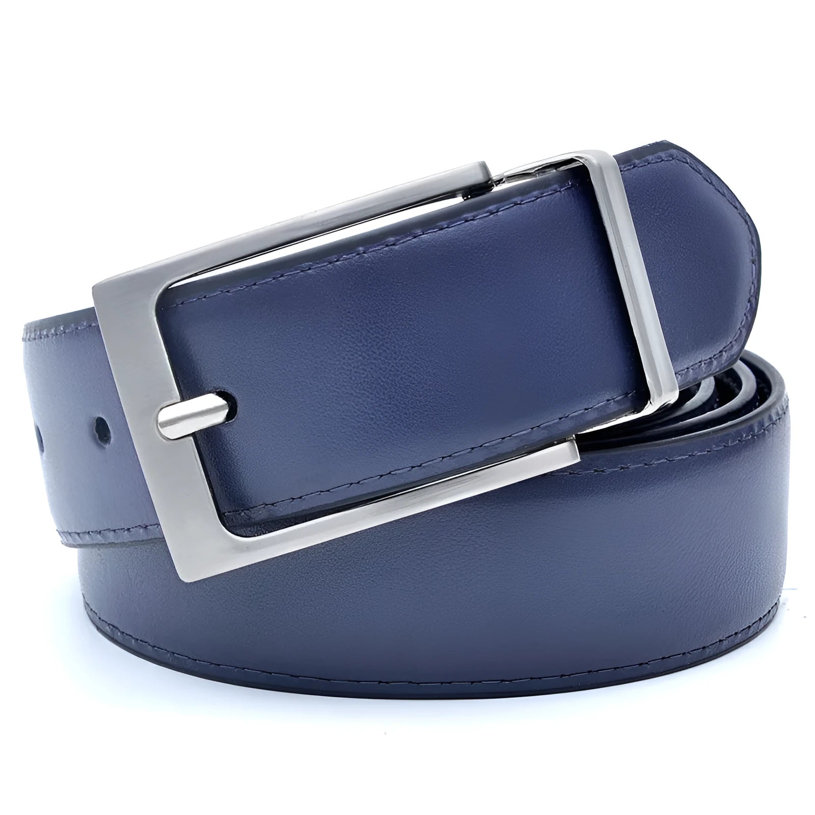 Men's dark brown and black genuine leather belt with a rotating alloy pin buckle.