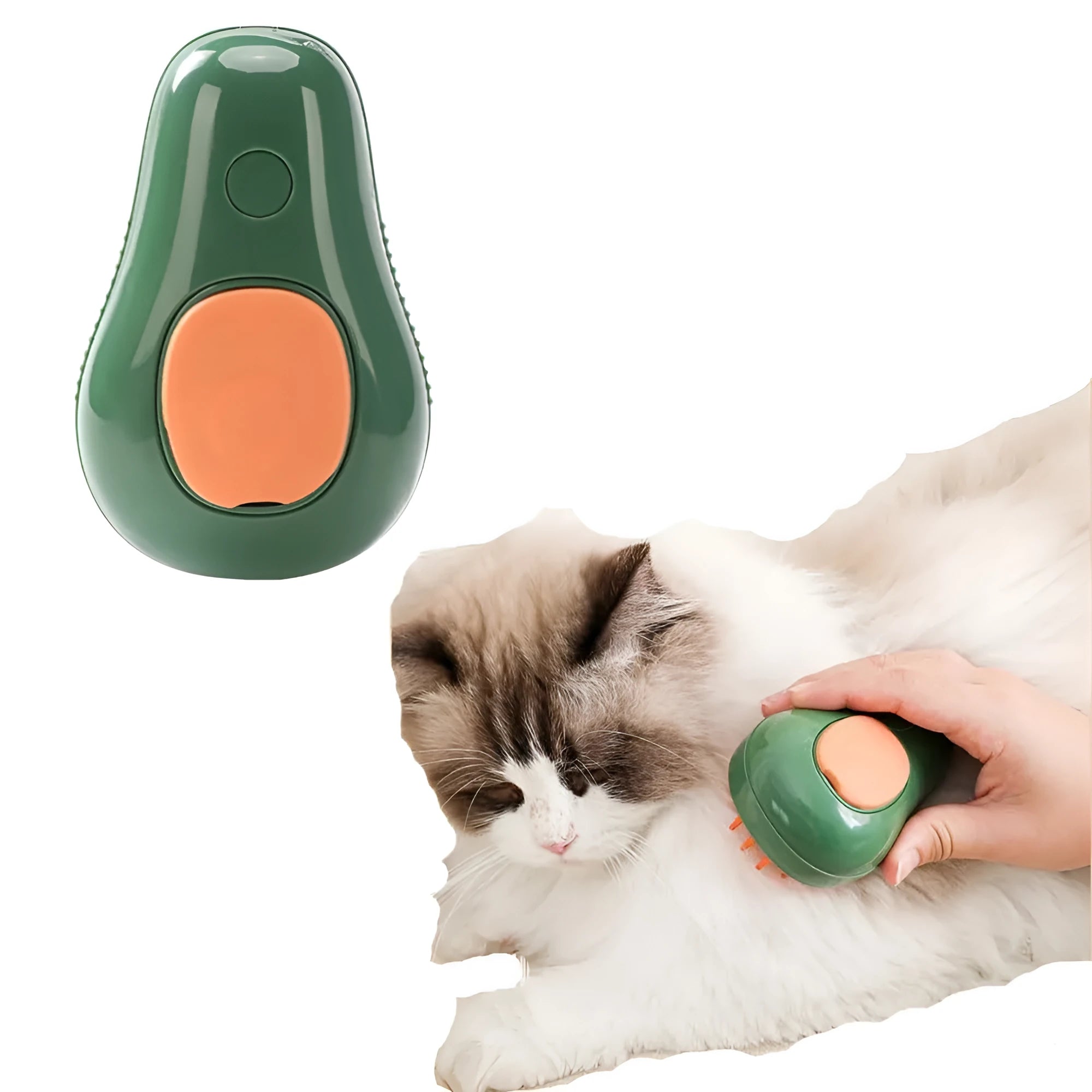 Green and white 3 in 1 cat steam brush with water spray, silicone teeth, showing 11cm size