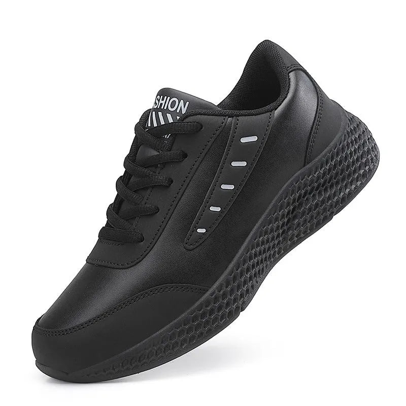 Women's PU leather casual sneakers with round toe and flat heel, solid colour low top design