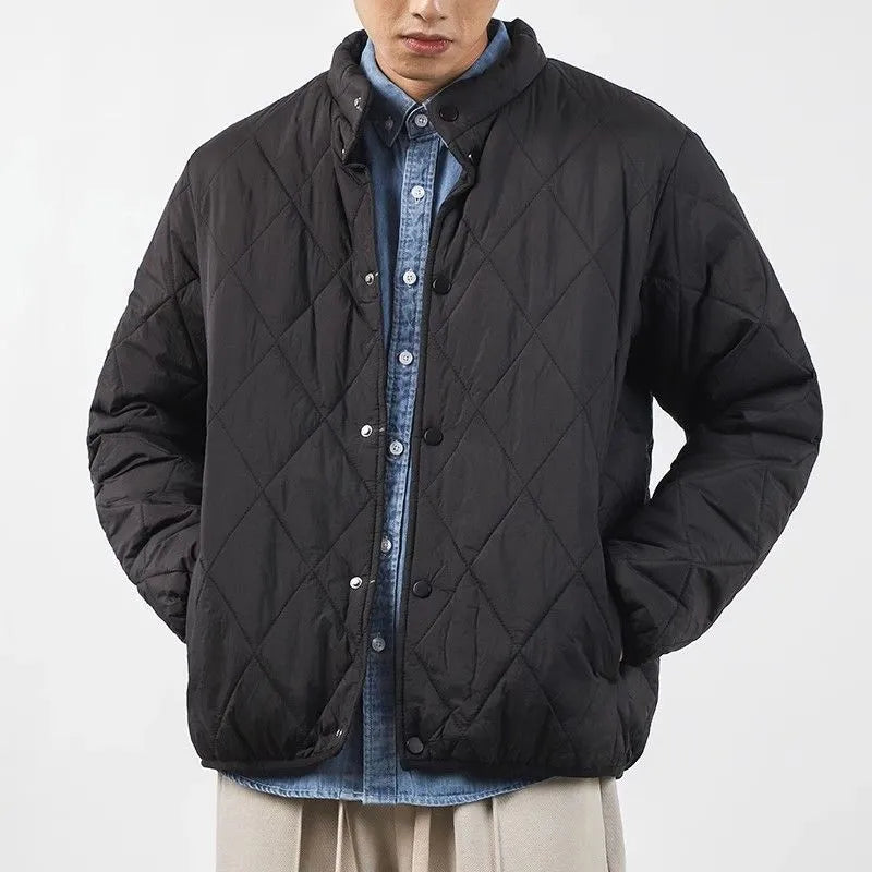 Men's black diamond lattice quilted winter jacket with extended length and loose fit