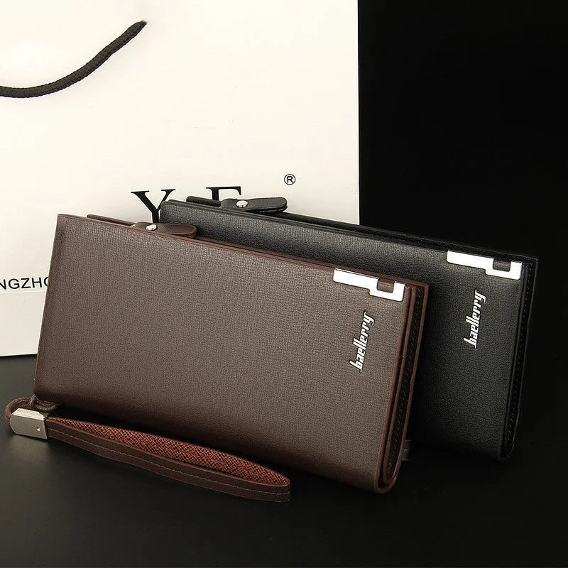Men's black PU leather wallet featuring a long silver zipper across the top.