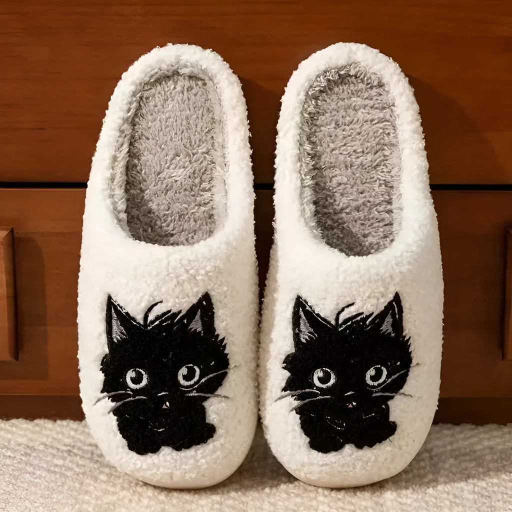 White plush couples slippers with black beard cat cartoon design and non-slip TPR soles