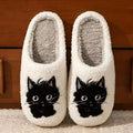 White plush couples slippers with black beard cat cartoon design and non-slip TPR soles