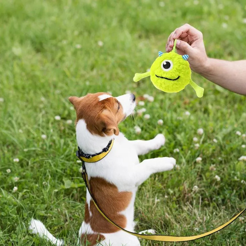 Green sound-activated interactive dog teething ball toy with flexible plush and TPR construction