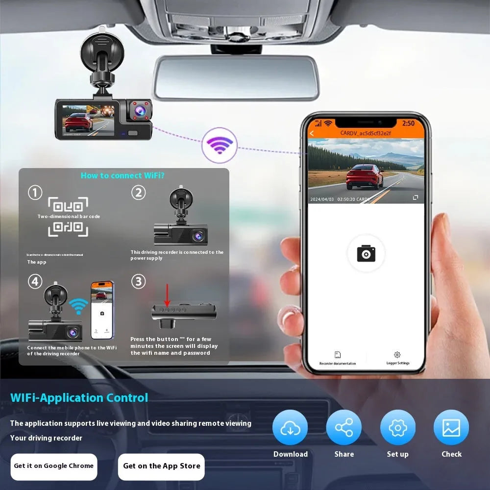 Black car dash cam with a 2-inch screen mounted on a windscreen, showing a rear-view parking image.