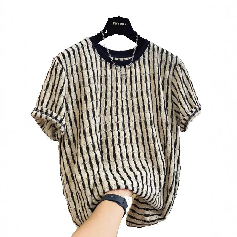 Black striped men's loose pullover shirt with short sleeves made from linen and silk blend fabric