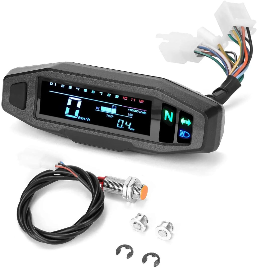 Black mini motorcycle LCD speedometer and oil gauge showing digital display on a 141mm by 45mm unit.