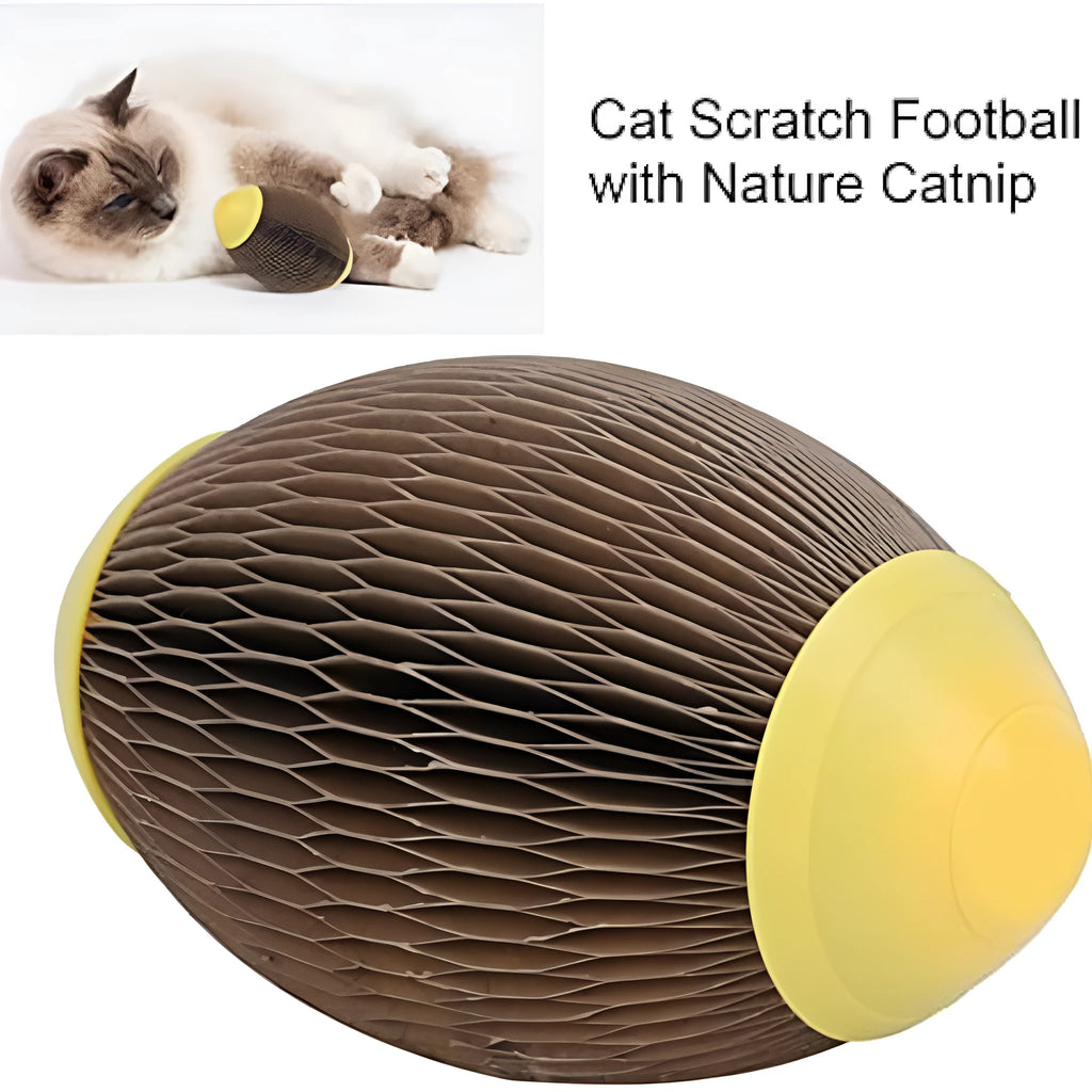 Ellipse-shaped catnip football toy made from recycled corrugated paper with scratching surfaces