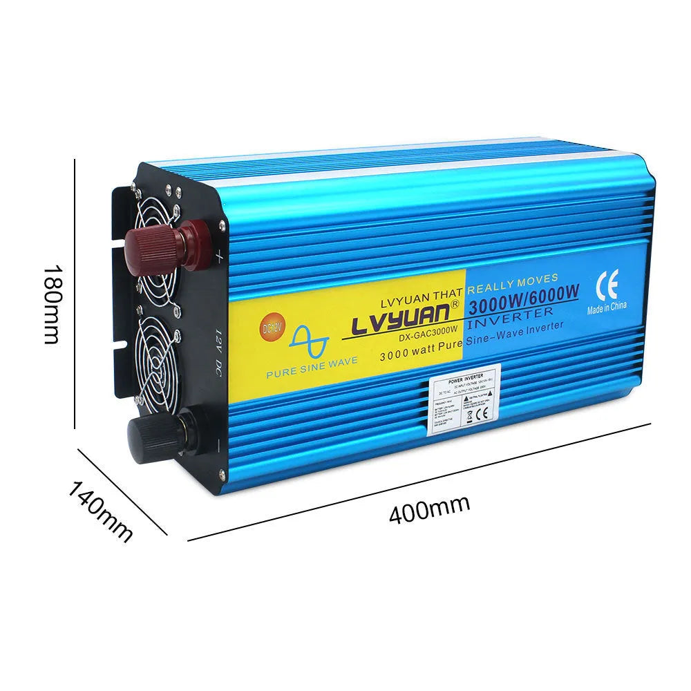 Blue high-power pure sine wave inverter with digital display, UK socket, and remote control.