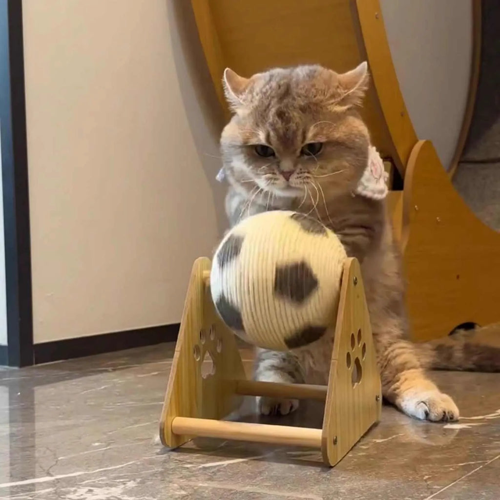 Football-style solid wood sisal cat scratch board vertical grounder on floor