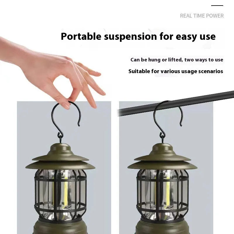 Dark green portable camping head lamp lantern with dimensions 16.6cm by 6.7cm by 9.6cm