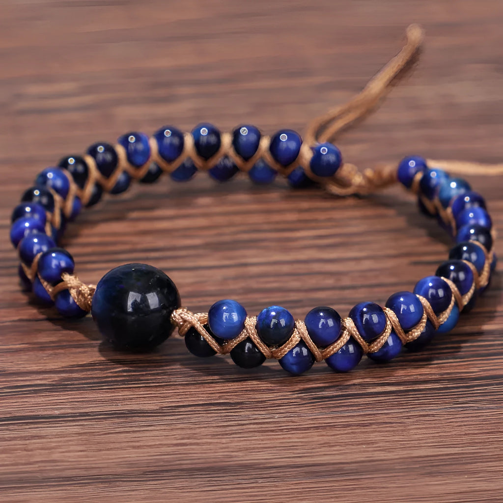 Handmade woven geometric pull bracelet in blue tigereye stone with adjustable cord